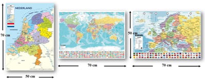 Wereldkaart poster - Nederland kaart poster - Europa kaart poster - Set van drie verschillende schoolkaarten - Formaat 50 x 70 cm - multi- wanddecoratie