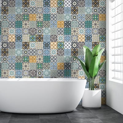 Zelfklevende muurstickers in de vorm van cementtegels voor keuken en badkamer - 60 Azulejos Favignio cementtegelstickers - 60 stickers, 20x20cm