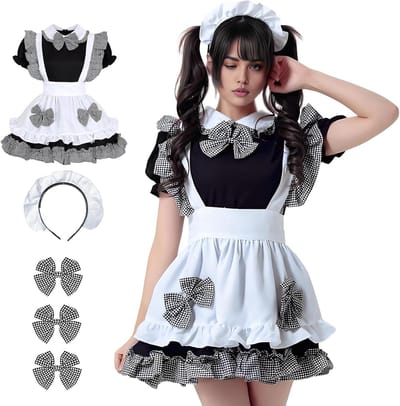 Schattige zwarte en witte geruite maid jurk voor anime cosplay, Halloween en feestjes met hoofdband