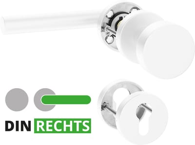 ERGO line NINA Rechts, Roestvrijstalen Witte Deurkrukset, Knop-Kruk, Garnituur met vaste deurknop en rechter deurkruk, PZ-cilinder, Wit gepoedercoat roestvrij staal, Rozetgarnituur met deurknop, wisselgarnituur deurknop en deurkruk