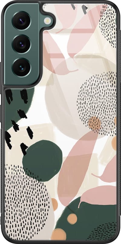 Hoesje geschikt voor Samsung Galaxy S22 - Abstract print - Luxe Glazen Hardcase - Print / Illustratie - Beige