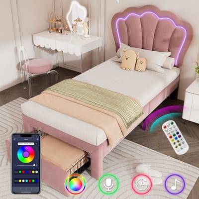 Gestoffeerd kinderbed met LED en lade - Tiener- en kinderkamer 90x190 cm - Roze - App-bestuurbare RGBW LED-verlichting - Verstelbaar hoofdeinde - Opberglade op wielen