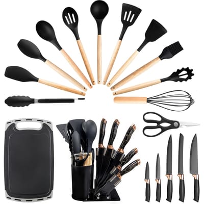 Ensemble d'ustensiles de cuisine 19 pièces Ustensiles de cuisine en silicone avec manche en bois Antiadhésif Chaleur 482 Fahrenheit 19pcs set