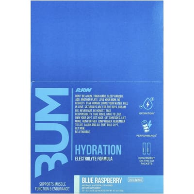 Raw Nutrition, Bu, Hydratatie, Elektrolytenformule, Blauwe Framboos, 20 Zakjes, 6.1g (0,22 oz) Elk