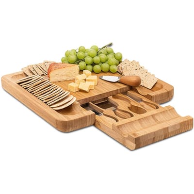 Charcuterie Planken Cadeauset met 4 Kaasmessen Grote Vierkante Bamboe Kaasplanken met Verborgen