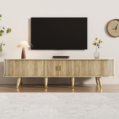 TV Meubel met Schuifdeur, Landelijke Stijl in Lichte Houten Look, Met Gouden Handgrepen en Poten, Multifunctioneel met Open Vakken en Laden, Eenvoudig te Monteren