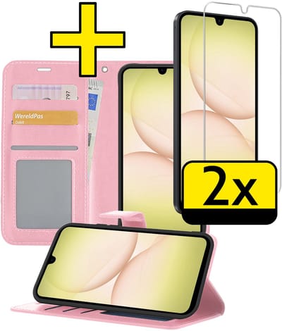 Hoesje - Met 2x Screenprotector - Geschikt voor Samsung Galaxy A17 - Luxe Pasjeshouder - Bookcase Portemonee - Flip Case - Kunstleer Book Case - Flipcase Hoes - Book Cover - Walletcase - Portemonneehoes - Telefoonhoesjes - Lichtroze