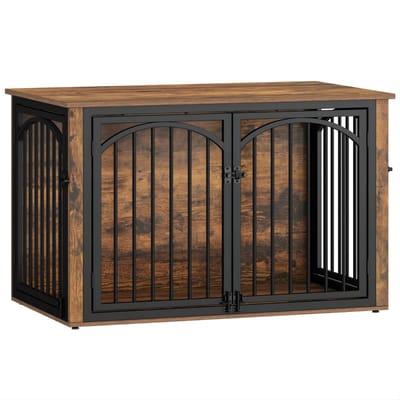 Hondenbench Meubel – Voor Middelgrote & Grote Honden – 100 cm Houten Hondenbox met 4 Deuren, Bijzettafel – Vintage Bruin/Zwart