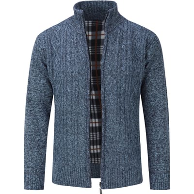 Herenvest met ritssluiting Grof gebreid vest met opstaande kraag voor winterblauw