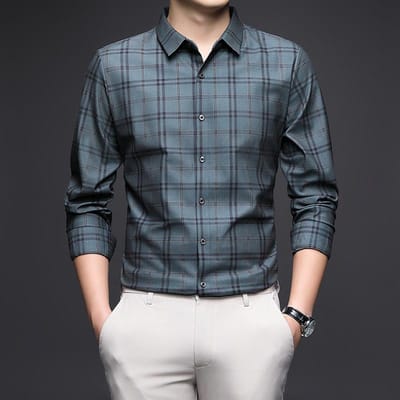 Lente en Herfst Heren Ademend Dun Shirt Middenleeftijd Nieuw Zakelijk Lange Mouw Revers Ruit Casual Mode 4XL gray