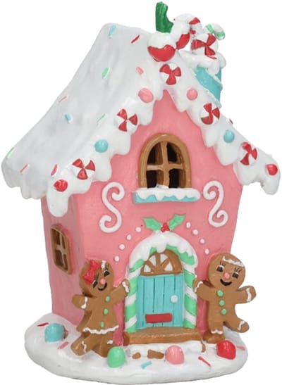 Viv! Christmas Kerstbeeld - Gingerbread Huisje met Peperkoek Poppetjes incl. LED Verlichting - pastel roze - 20cm