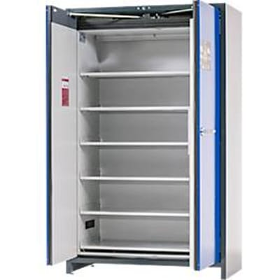 Asecos accubak ION-PRO-90 PS, 6 geperforeerde legplanken + 1 bodem lekbak, B 1193 x D 615 x H 1953 mm