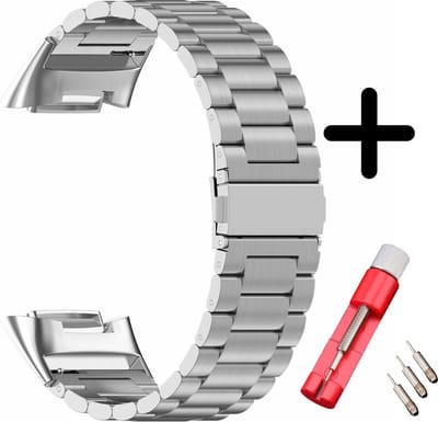 Stalen horlogeband geschikt voor Fitbit Charge 5 / Charge 6 (zilver) – verstelbaar metalen bandje met sluiting – inclusief toolkit voor perfecte pasvorm