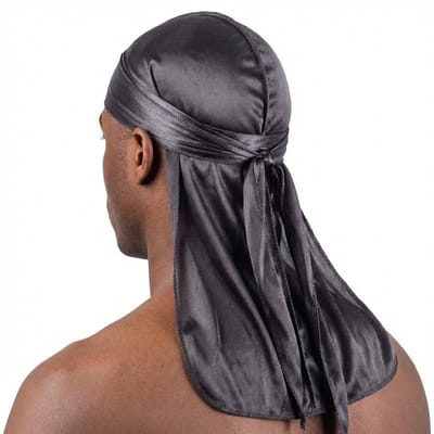 Grijze satijnen bandana durag voor heren en dames – glanzende headwrap met lange linten – comfortabele stretch bandana met lange achterflap voor haarbescherming