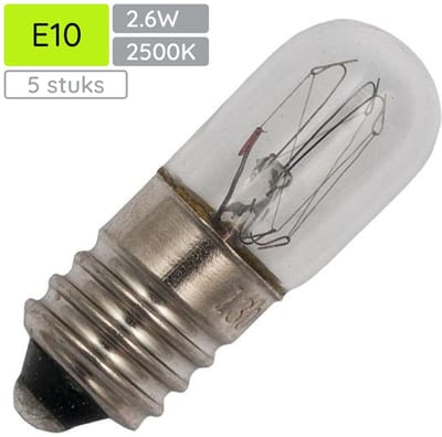 Signaallamp E10 130V 2.6W - 20 mAh - 5 stuks - T10 Gloeilamp Ø10mm - 28mm - 2500K - Dimbaar