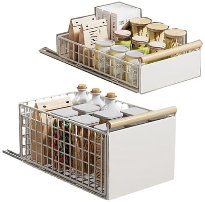 Kastorganizer met houten handvat, opvouwbare kastorganizer voor de keuken, voorraadkast, planken, laden, opslag, oprolbare keukenkastrek (wit)