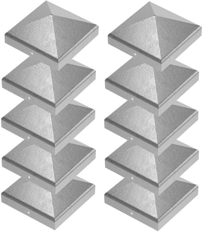 10 houten palen 9 x 9 cm, piramidevormige houten overkapping, 90 mm hekafdekkingen van gegalvaniseerd staal en roestvrij staal