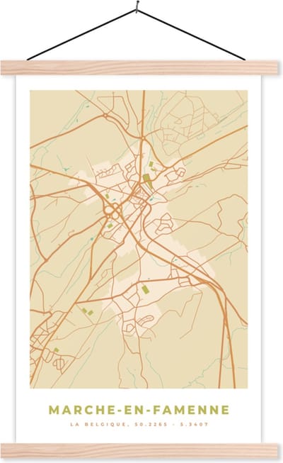 Posterhanger incl. Poster 40x60 cm - Schoolplaat - Vintage - Kaart - Plattegrond - Marche-en-Famenne - Stadskaart - Textielposter - Blanke latten - Stadskaart