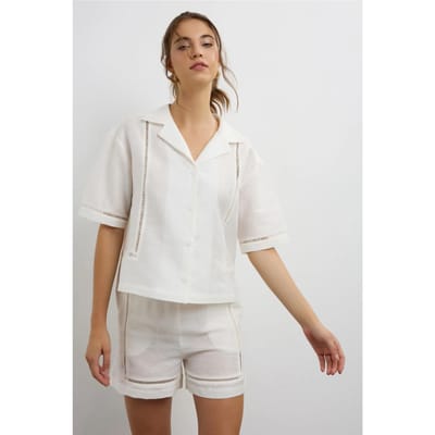 Linnen Korte Mouwen Shirt met Uitsnijding Detail