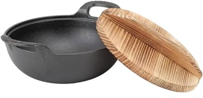 Traditionele Gietijzeren Wokpan met Houten Deksel 20cm - Ideaal voor Inductie, Elektrisch en Gas