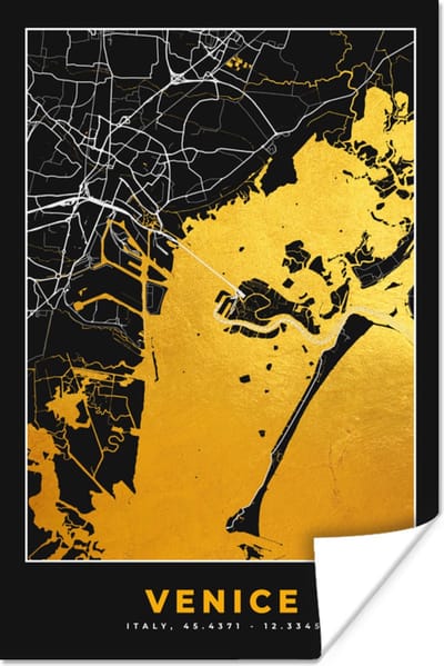 Poster Kaart - Venetië - Goud - Plattegrond - Stadskaart - 120x180 cm XXL