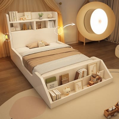 Houten bed Eenpersoonsbed 90x200 cm Jeugdbed/kinderbed met opbergruimte, nachtlampjes, afneembare boekenplank, bedframe met lattenbodem, puur wit oppervlak, zonder matras