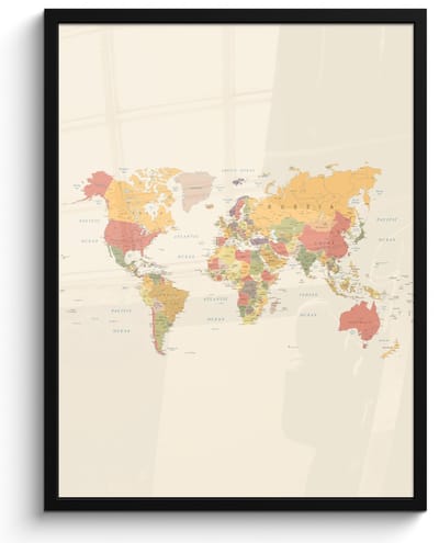 Poster in lijst - Fotolijst 60x80 cm - Posters - Wereldkaart - Realistisch - Beige - Posterlijst zwart - Decoratie - Wanddecoratie woonkamer - Muurdecoratie slaapkamer