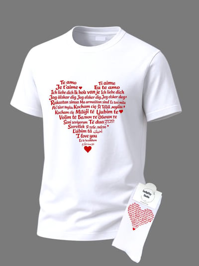 Valentijn cadeau - 50 talen Ik hou van jou - Giftset - Tekst Liefde - T-shirt Liefde - Cadeau set shirt met sokken - Speciaal cadeau - Grappig cadeau voor vrouw en man - Valentijnsdag - T-shirt voor dames en heren - Maat S