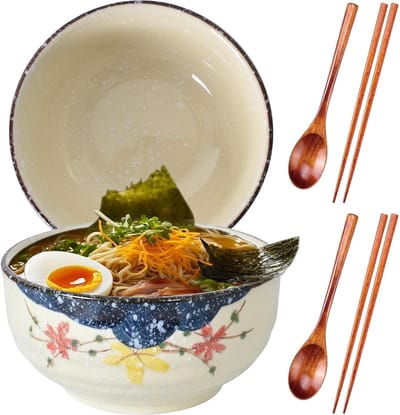 Keramische ramen bowl set van 1200 ml, 2 Japanse ramkommen met stokjes en lepel voor soep, salade en pasta