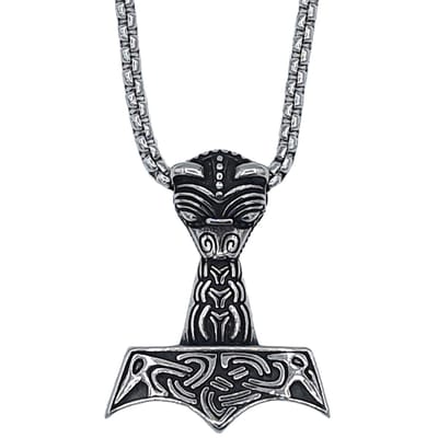 Tesoro Mio Michel – Stoere Viking Ketting - Hamer Met Draak - Edelstaal L 60 cm, B 3 mm - Hanger 3.8 x 3 cm