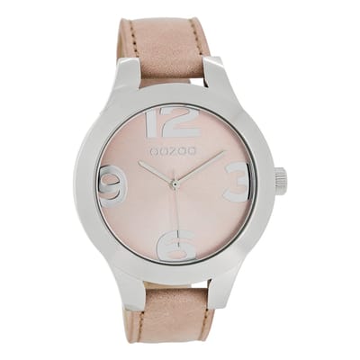 OOZOO Timepieces - Zilverkleurige horloge met zacht roze leren band - C7590