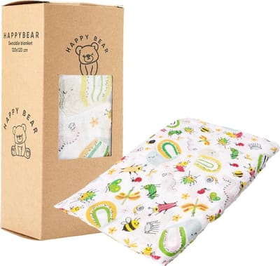 HappyBear - Hydrofiele swaddle doek – Insecten | 120cm x 120cm | Inbakerdoek