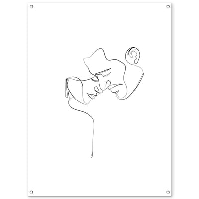 Tuinposter 90x120 cm - Tuindecoratie Abstracte line art van een koppel die de hoofden bij elkaar houdt - Poster voor in de tuin - Buiten decoratie - Schutting tuinschilderij - Tuindoek muurdecoratie - Wanddecoratie balkondoek