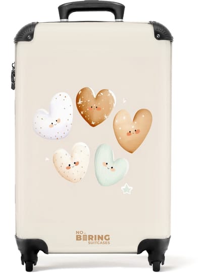 NoBoringSuitcases.com® - Kinderkoffer meisje - Kindertrolley meisjes - Hartjes in zachte beige tinten - Handbagage koffer lichtgewicht - Reiskoffer trolley kinderen - Rolkoffer met wieltjes - Past binnen 55x40x20 en 55x35x25