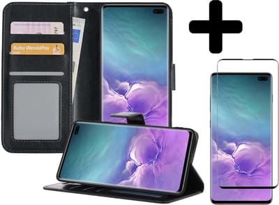 Hoesje - Met Screenprotector - Geschikt voor Samsung Galaxy S10 - Luxe Pasjeshouder - Bookcase Portemonee - Flip Case - Kunstleer Book Case - Flipcase - Book Cover - Walletcase - Portemonneehoes - Telefoonhoesjes - Zwart