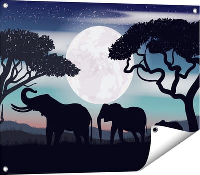 Gards Tuinposter Olifanten Silhouet tijdens Volle Maan - 80x60 cm - Tuindoek - Tuindecoratie - Wanddecoratie buiten - Tuinschilderij
