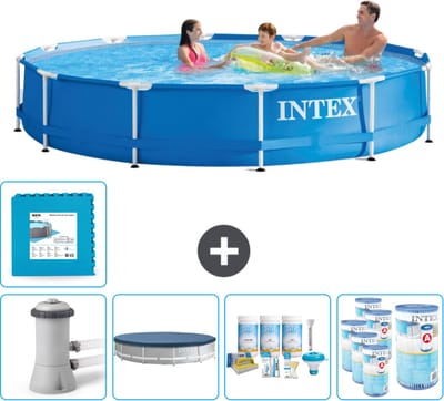 Intex Rond Frame Zwembad - 366 x 76 cm - Blauw - Inclusief Pomp Afdekzeil - Onderhoudspakket - Filters - Vloertegels