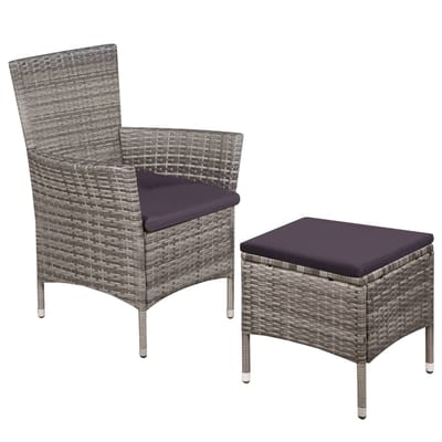 vidaXL - Tuinstoel - en - kruk - met - kussens - poly - rattan - grijs