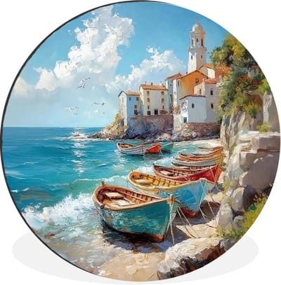 WallCircle - Wandcirkel - Muurcirkel - Boten - Rotsen - Zee - Zon - Aluminium - Dibond - 30x30 cm - Binnen en Buiten