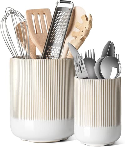 Kruidenhouder Set van 2, Keramische Keuken Organizer voor Aanrecht, Boho en Farmhouse Decoratie, Ideaal voor Kookgerei en Cadeau voor Moeder