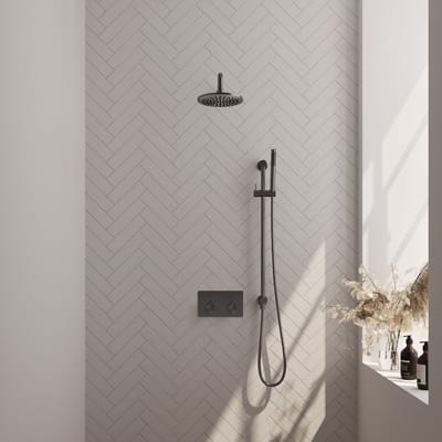 Brauer Gunmetal Edition thermostatische inbouw regendouche met drukknoppen SET 63 met 20 cm douchekop en gebogen muurarm en staaf handdouche en doucheslang en geïntegreerde glijstang gunmetal geborsteld PVD