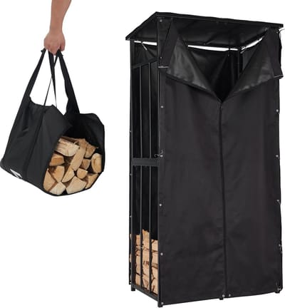 Stevig Brandhoutrek met Dak en Waterdichte Hoes - Houtopslag Metaal 90x60x180cm