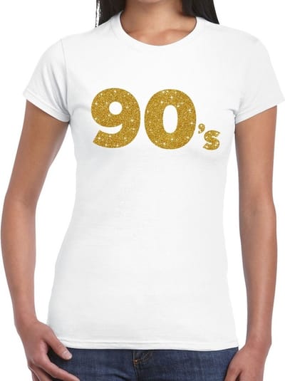 Nineties party verkleed t-shirt - 90's goud glitters - wit - dames - thema feestkleding XS