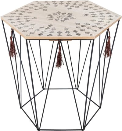 Achtkante Salontafel met Zwart Metalen Frame en Houten Tafelblad