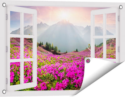Gards Tuinposter Doorkijk Rhododendron Bloemenveld in de Alpen - 60x40 cm - Tuindoek - Tuindecoratie - Wanddecoratie buiten - Tuinschilderij