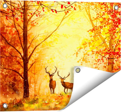 Gards Tuinposter Getekende Herten in het Bos - Herfst - 50x40 cm - Tuindoek - Tuindecoratie - Wanddecoratie buiten - Tuinschilderij