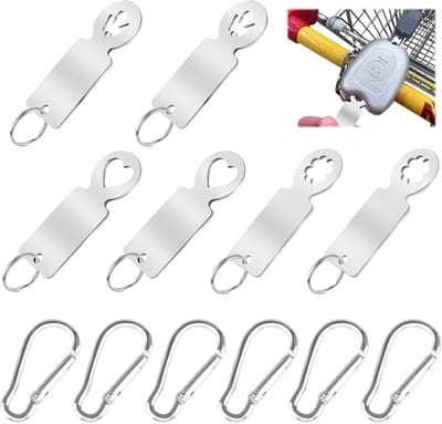 6 pcs winkelwagentokens - 3 stijlen - roestvrij staal - met 6 karabiners en 6 sleutelhangers - winkelwagentje chip voor het uittrekken - verwijderbaar voor boodschappen doen
