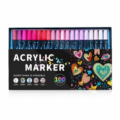 Acrylmarkerset - 100 kleuren, uitvoering met grote capaciteit - Dubbele punt met zachte punt, kleuren in lagen - Voor tekenen en doodlen - Basisverpakking