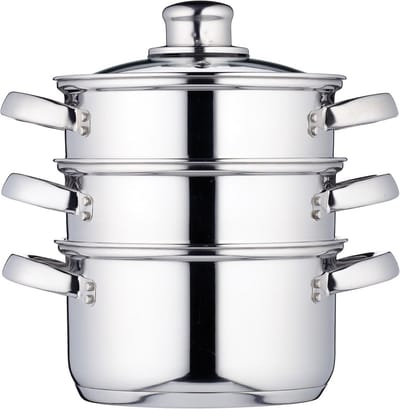 Stoompan - Stoommandje - Stoofpan met Deksel - 3 Laags - Zilver met Zwart - Keuken