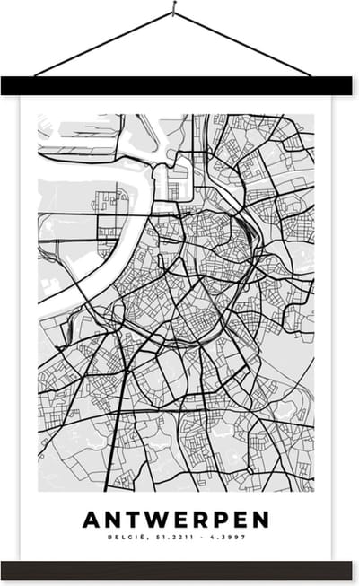 Posterhanger incl. Poster 40x60 cm - Schoolplaat - Zwart Wit – België – Plattegrond – Stadskaart – Kaart – Antwerpen - Textielposter - Zwarte latten - Stadskaart